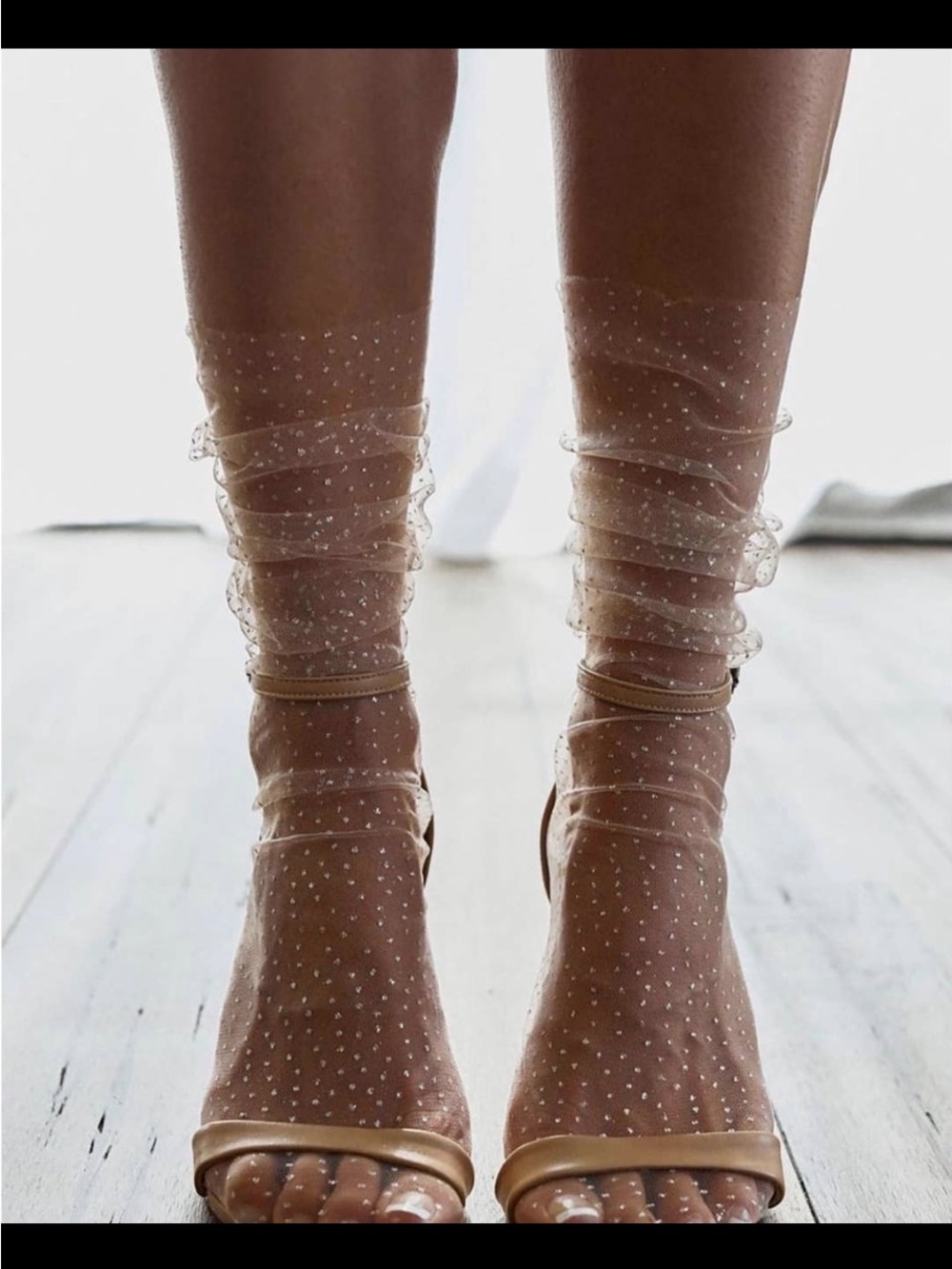 Sockette Camille Sequined Tulle Socks. Sheer Polka Dot Ankle Socks in Beige